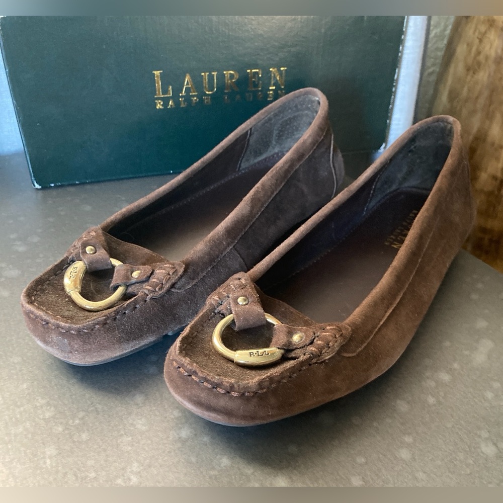 Lauren Ralph Lauren Chocolate Suede Loafers with Gold Accents